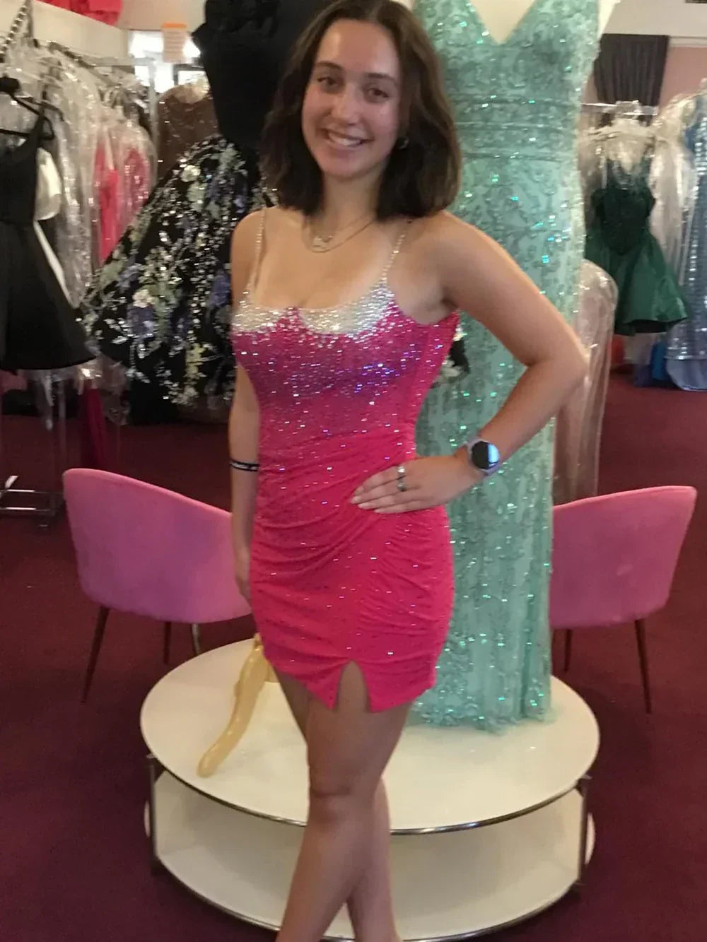 Royal Blue Bodycon Spaghetti Straps Short Beaded Homecoming Dress With Slit