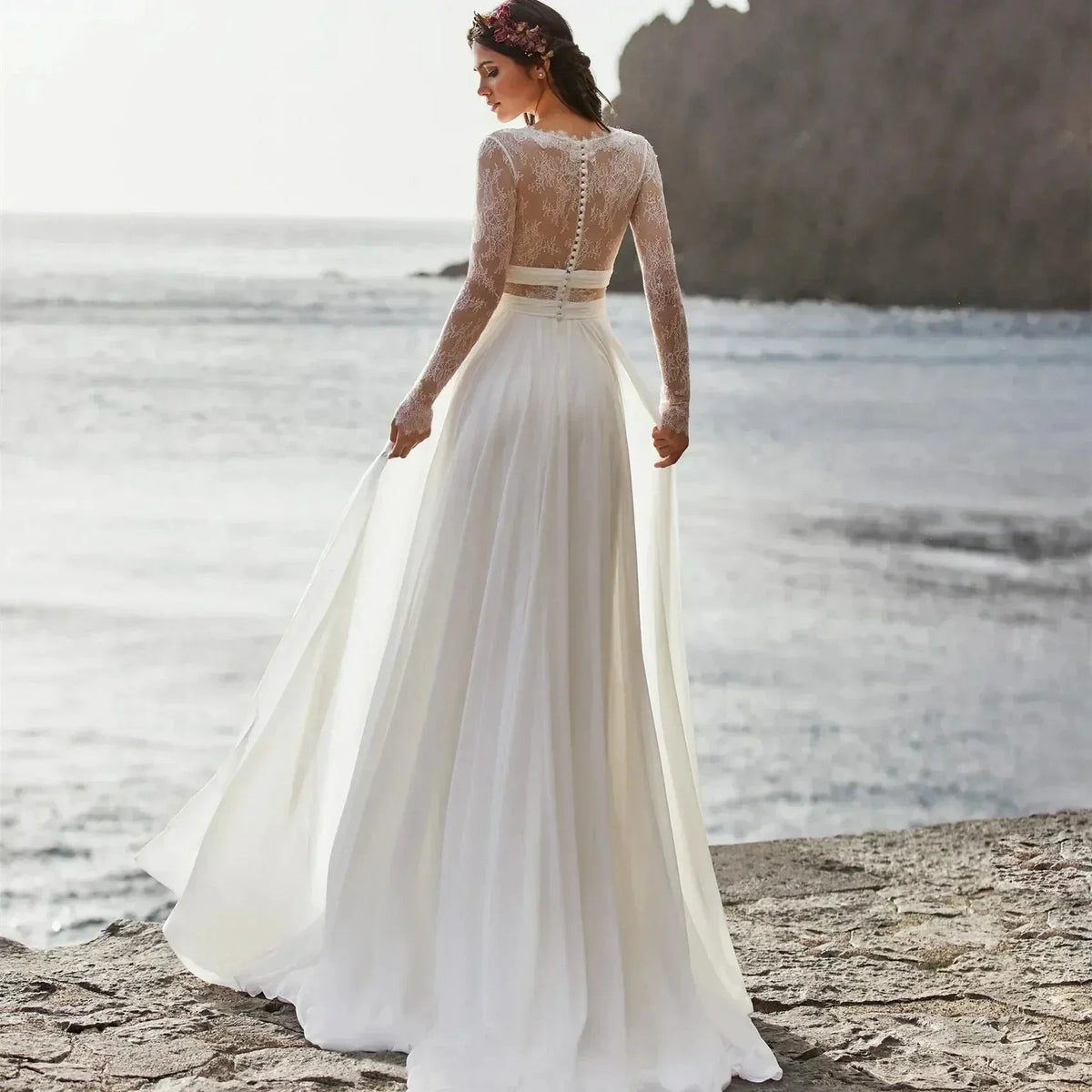 Wedding Dresses A-Line V-Neck Bridal Gowns Long Sleeves Chiffon And Satin Robes For Formal Party 2024 Vestidos De Novia (ZD13548)