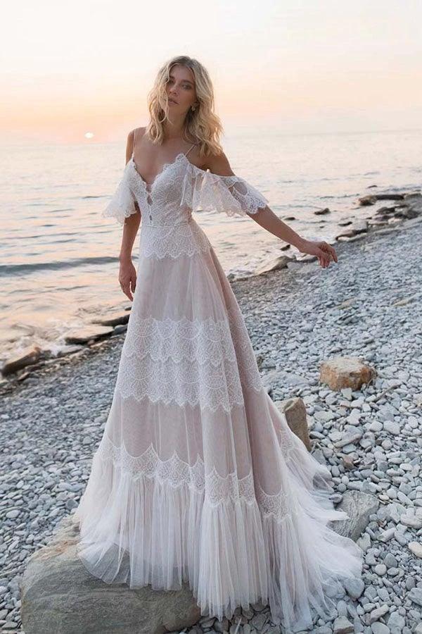 Bohemian Straps Off Shoulder Charming Lace Beach Wedding Dresses (ZD16241)