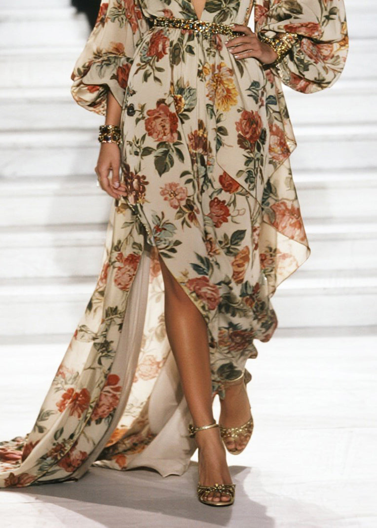 Bohemian Apricot Print Exra Large Hem Chiffon Beach Dress Spring