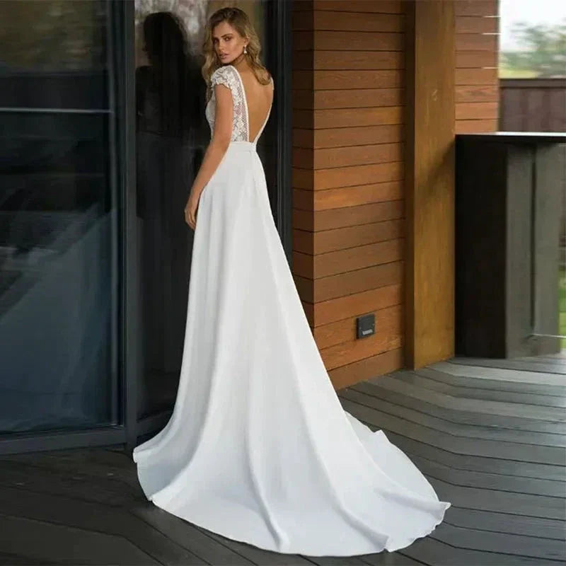 Bohemian Deep V-neck Bridal Dresses 2024 Elegant Lace Sticking Flora Back Chiffon Wedding Gowns De Mariée Customized Robe De (ZD14151)