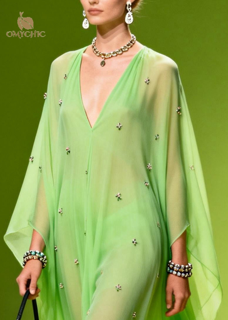 Bohemian Grass Green Oversized Print Chiffon Robe Dresses Summer