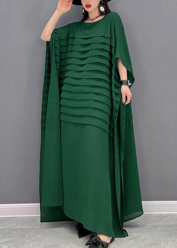 Casual Bohemian Green O-Neck Striped Chiffon Ankle Dress - Omychic