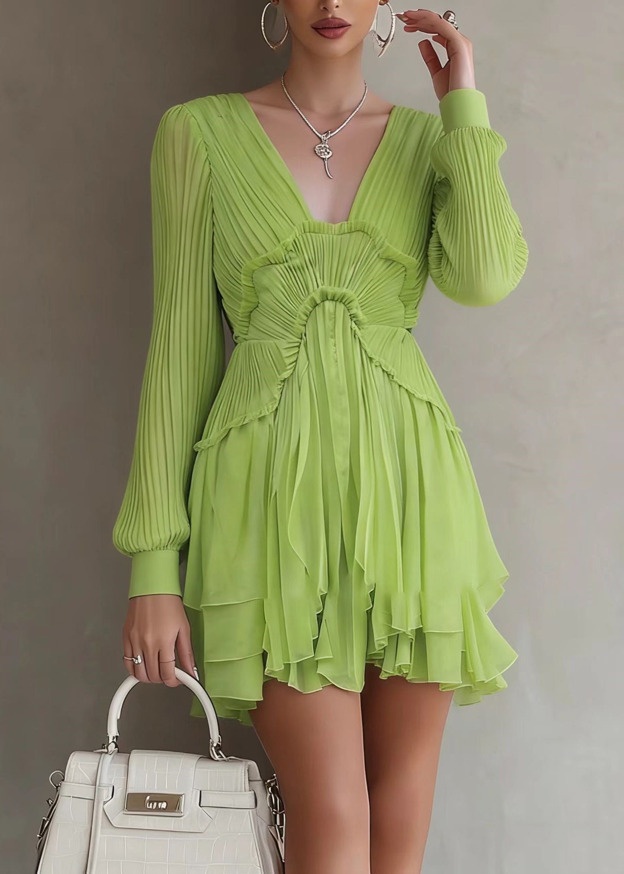 Bohemian Green Patchwork Wrinkled Solid Mid Dresses Lantern Sleeve