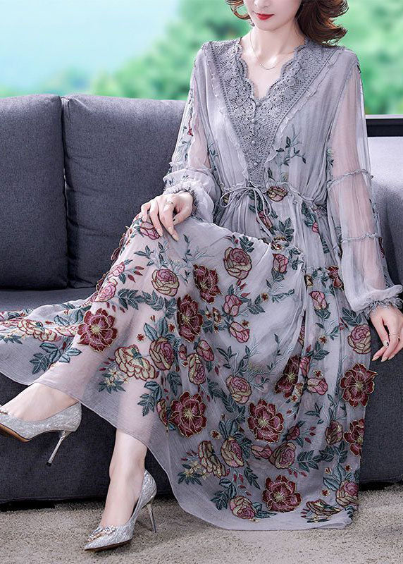 Bohemian Grey V Neck Patchwork Print Tulle Cinched Dress Spring