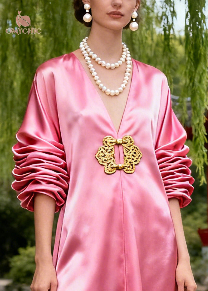 Bohemian Pink Oversized Wrinkled Draping Silk Holiday Dress Summer