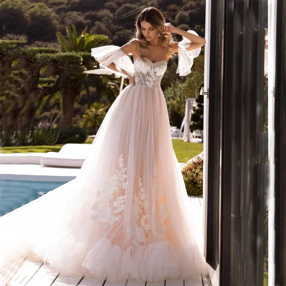 Bohemian Tulle Applique A-Line Wedding Dress With Detachable Sleeves Bridal Gownes Elegant Women's Formal Wedding Dresse Vestido by payinti