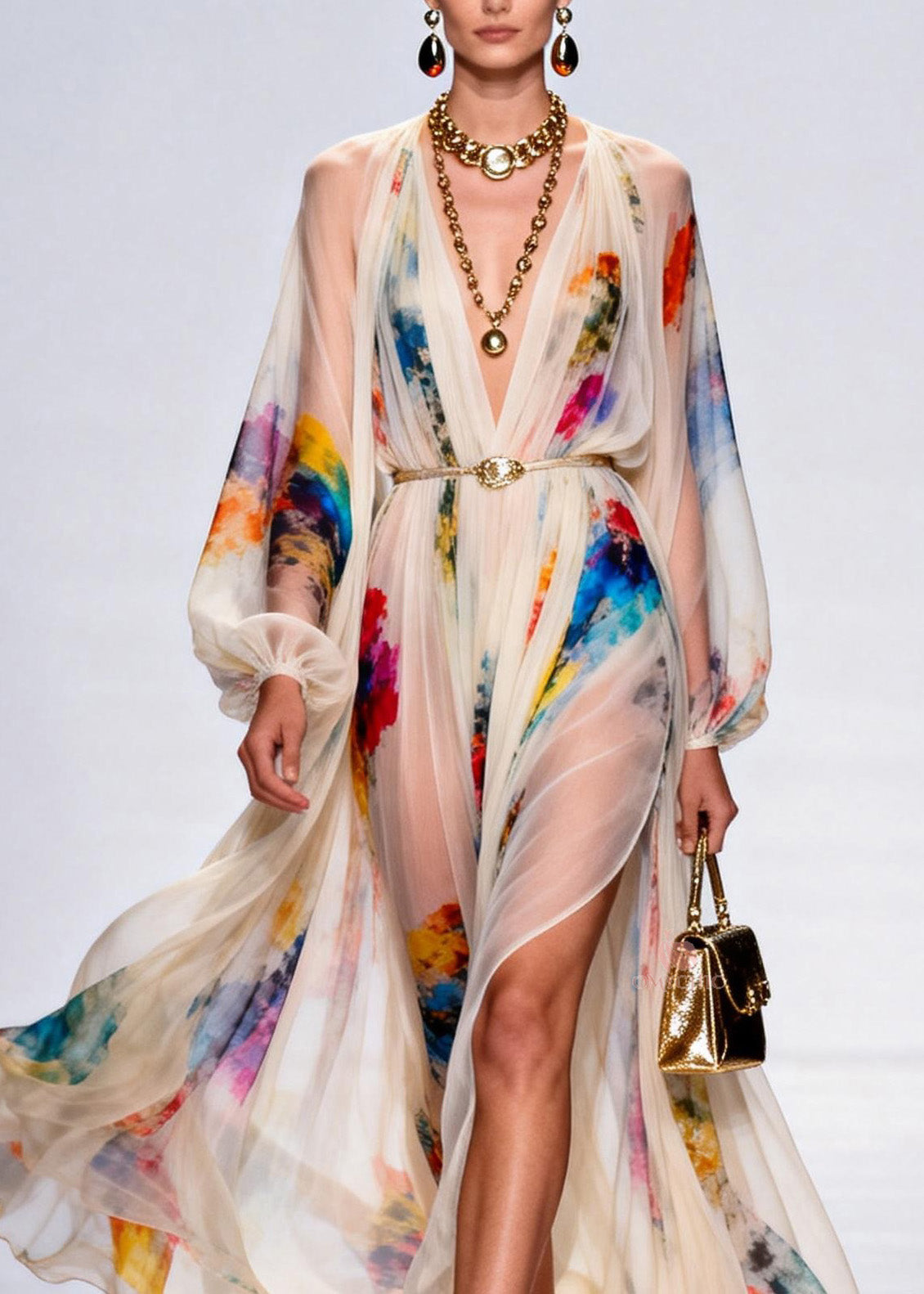 Bohemian V Neck Side Open Print Cotton Robe Dresses Spring
