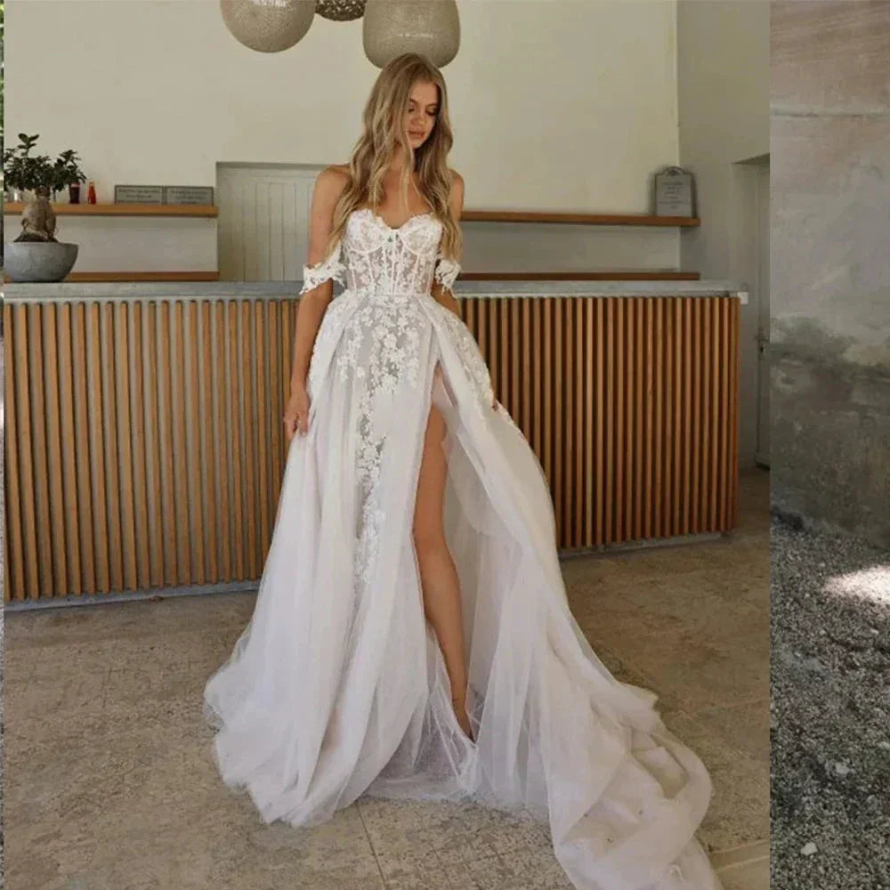 Bohemian Wedding Dresses Women's Sexy and Elegant Side High Split Tulle Lace Applique Off Shoulder Princess Bridal Gowns De by payinti