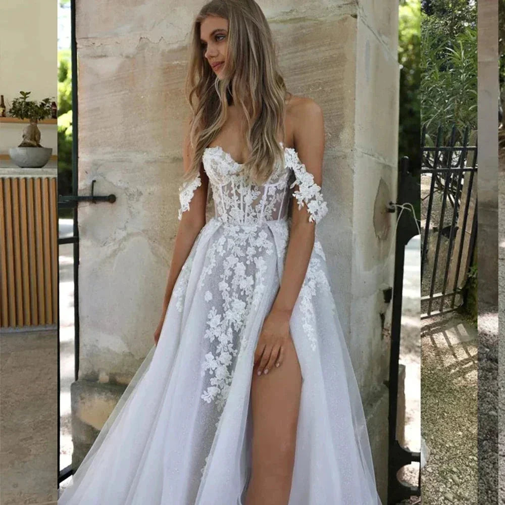 Bohemian Wedding Dresses Women's Sexy and Elegant Side High Split Tulle Lace Applique Off Shoulder Princess Bridal Gowns De (ZD14169)