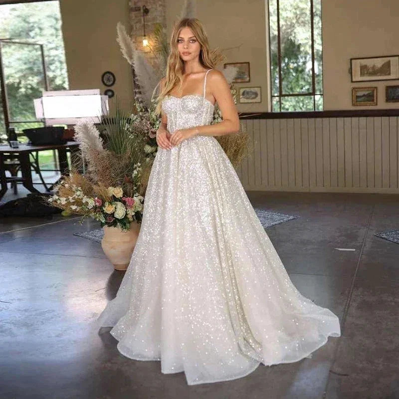 Bohemian Wedding Gowns A-Line Women's Sweetheart Bridal Dresses Sexy Sleeveless Sparkling Tulle Robe Vestidos Fiesta فستان by payinti
