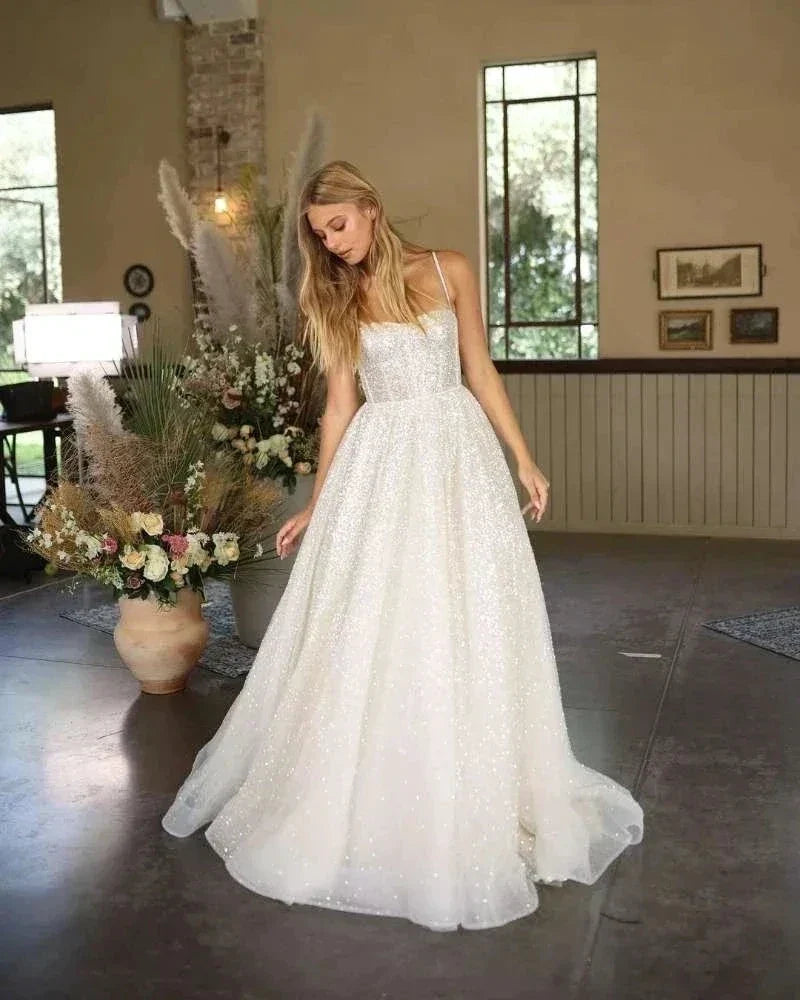 Bohemian Wedding Gowns A-Line Women's Sweetheart Bridal Dresses Sexy Sleeveless Sparkling Tulle Robe Vestidos Fiesta فستان (ZD14140)