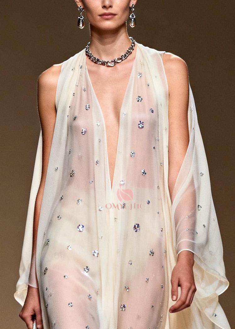 Bohemian White Rhinestone Cold Shoulder Chiffon Sheer Dress Summer