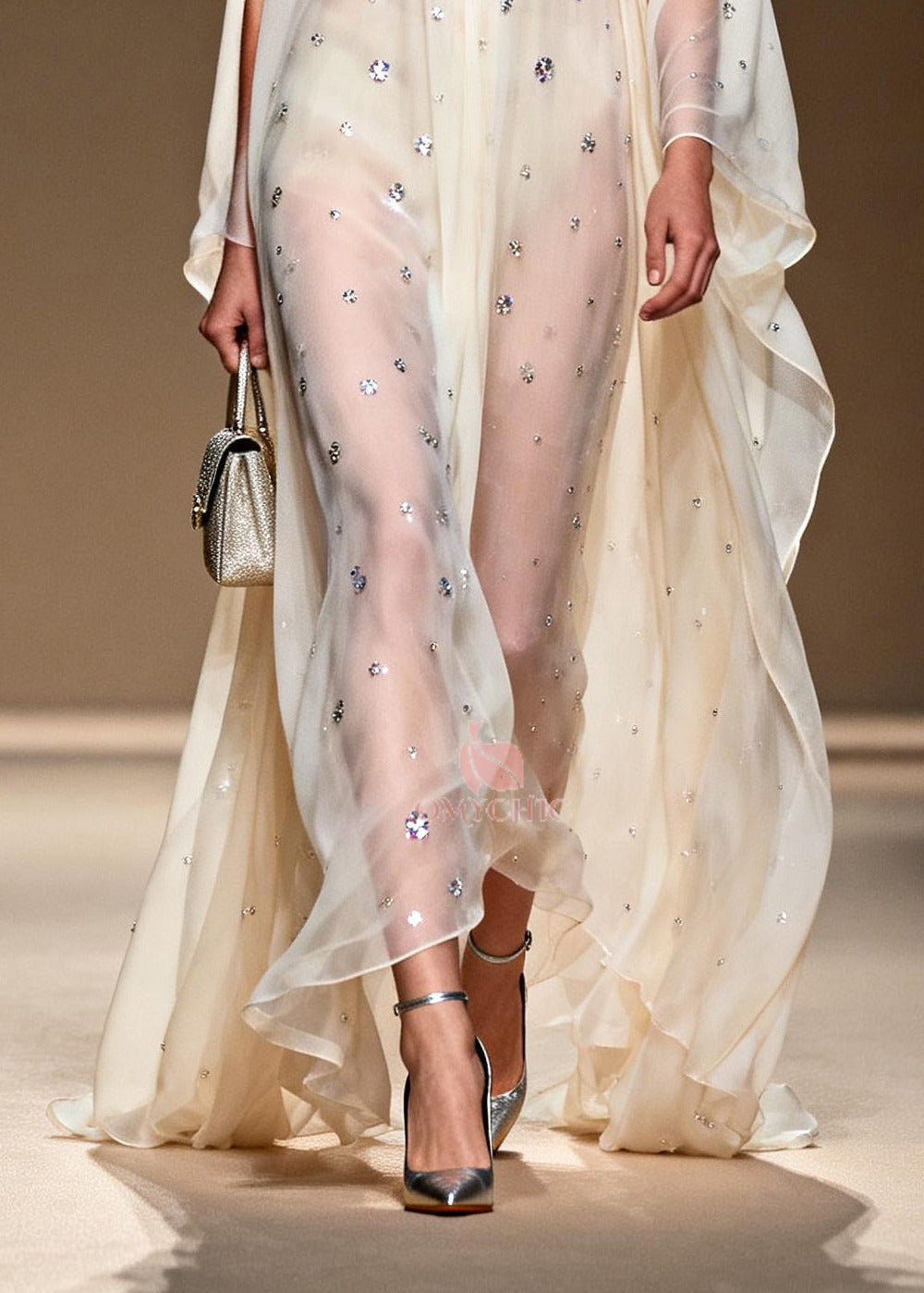 Bohemian White Rhinestone Cold Shoulder Chiffon Sheer Dress Summer