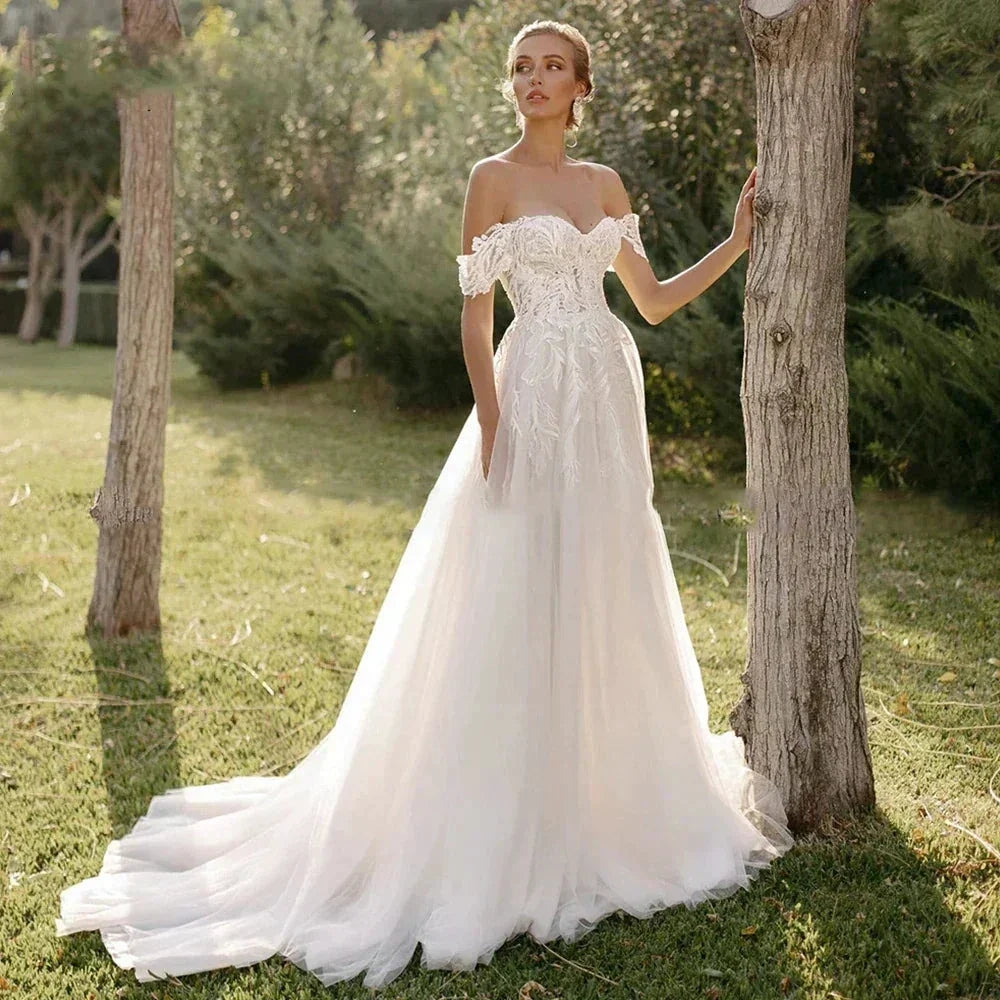 Bohemian Women's Wedding Dresses Sexy Off Shoulder A-Line Sheer Sticker Princess Prom Bridal Gowns Vestidos De Novia Robe by payinti