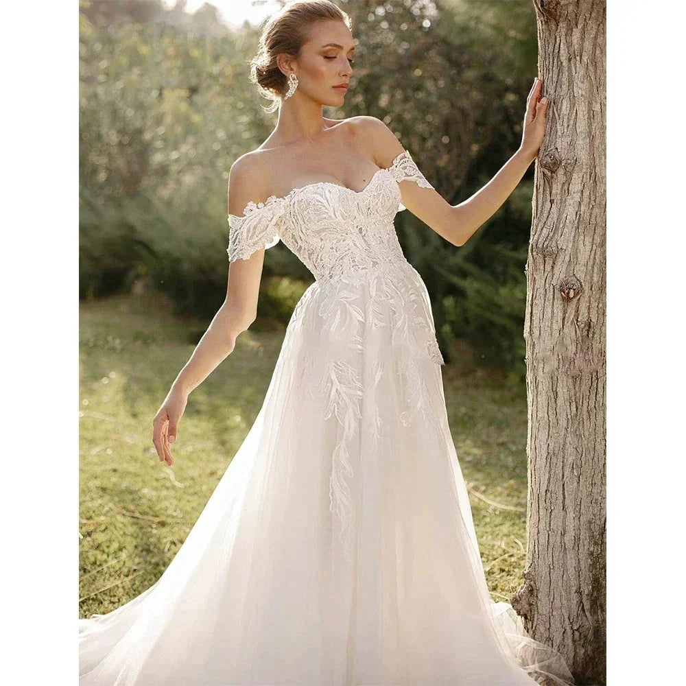 Bohemian Women's Wedding Dresses Sexy Off Shoulder A-Line Sheer Sticker Princess Prom Bridal Gowns Vestidos De Novia Robe (ZD14193)