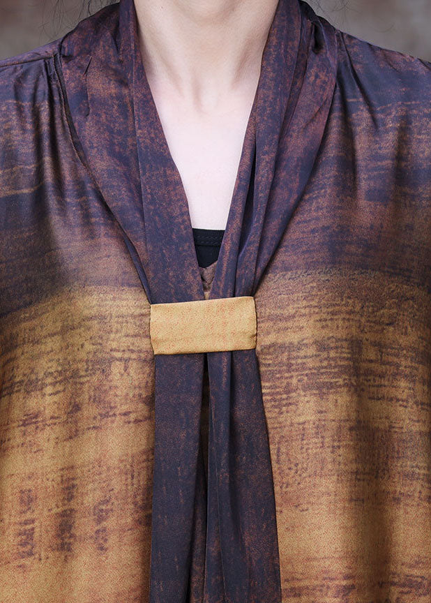 Bohemian Yellow Coffee Bow Collar Print Silk Dress Batwing Sleeve
