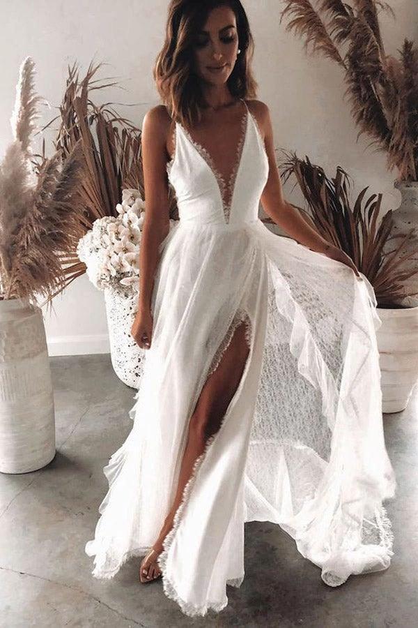 Bohemian A Line V Neck Lace Split Wedding Dresses with Appliques (ZD16238)