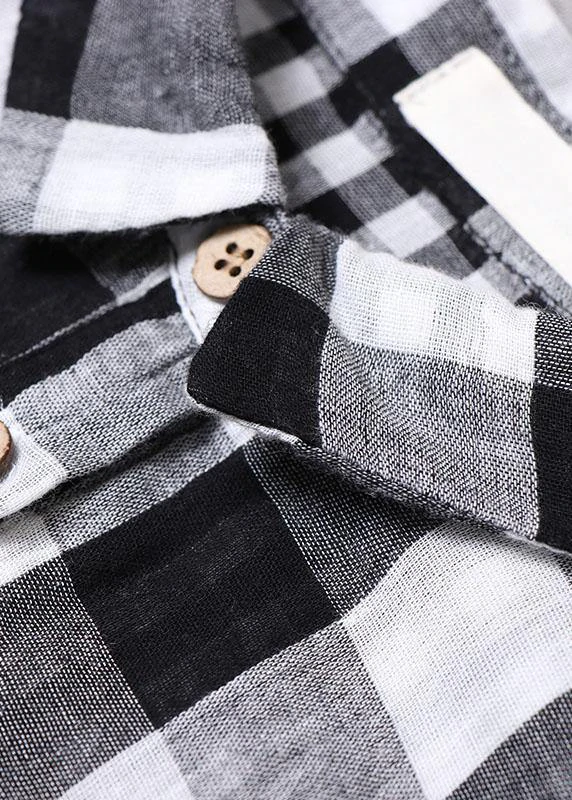 Bohemian Black White Plaid Peter Pan Collar Pockets Button Fall Patchwork Dresses