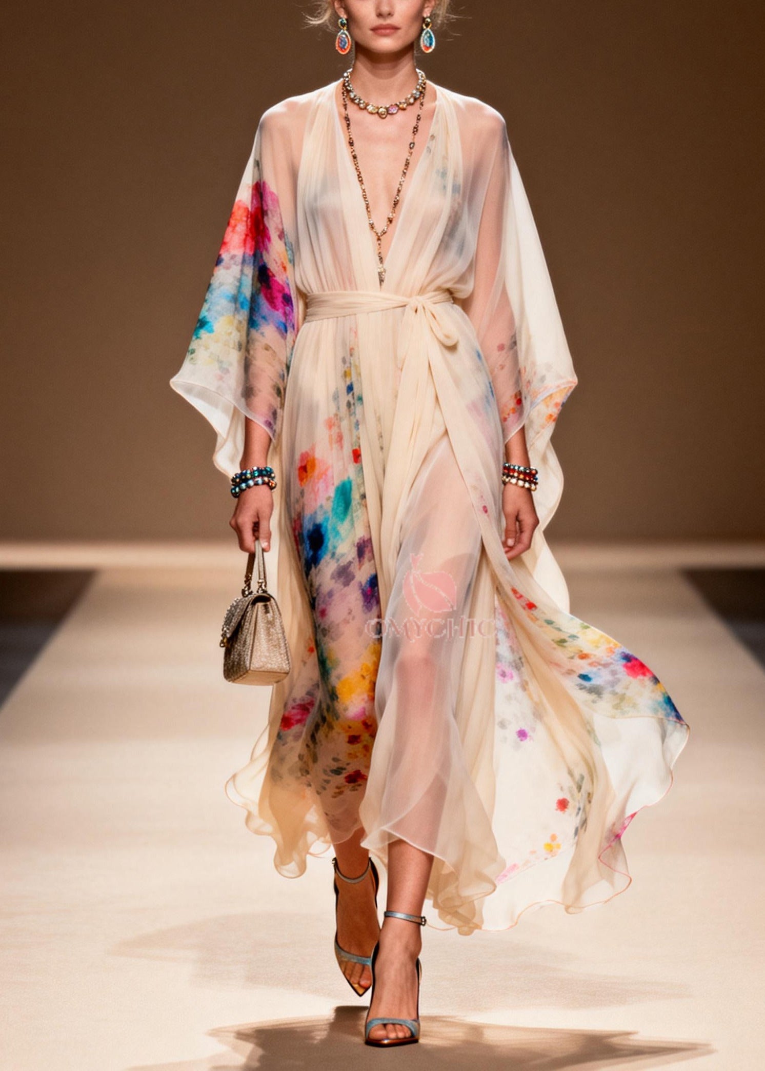 Boho Apricot Tie Waist Print Chiffon Ankle Dress Summer