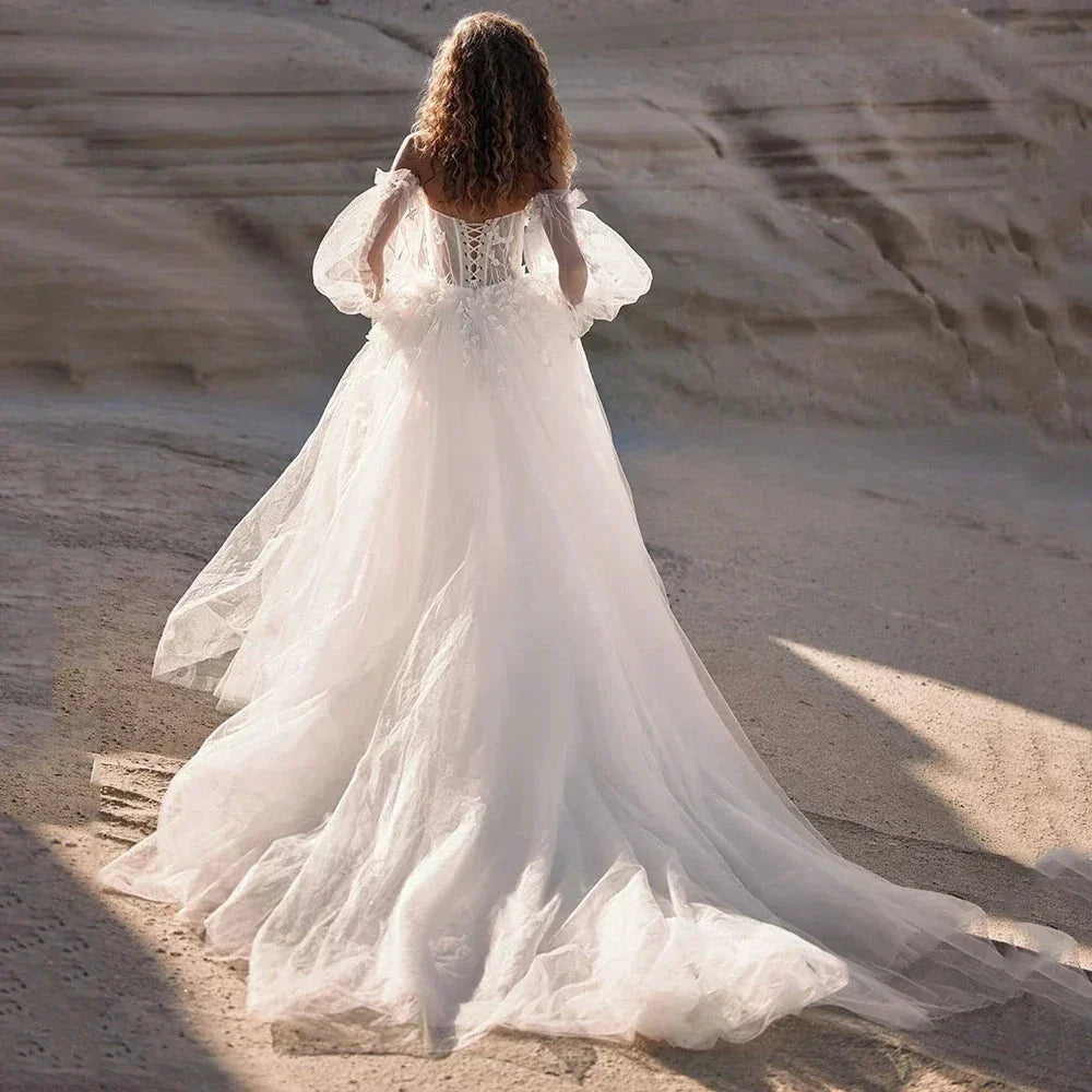 Boho Detachable Off Shoulder Long Puff Sleeves Wedding Dress Sweetheart Appliques Vestido De Noiva A Line Vestidos De Novia (ZD14048)