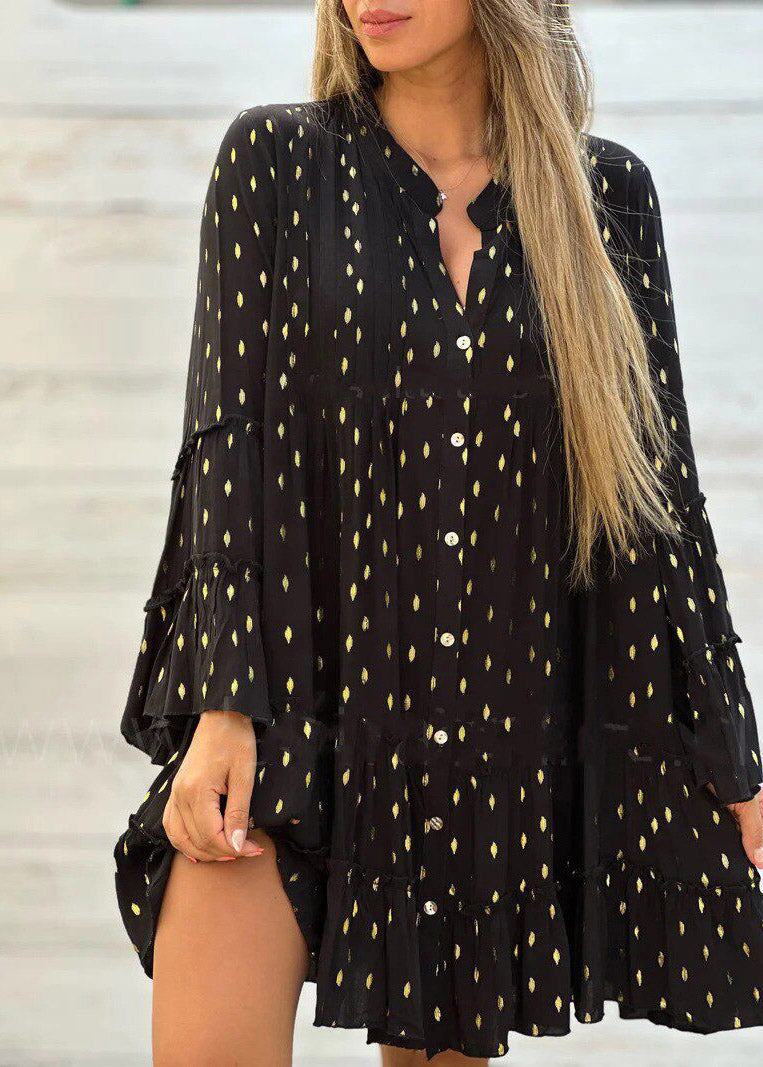 Boho Green Ruffled Patchwork Mid Dress Flare Sleeve