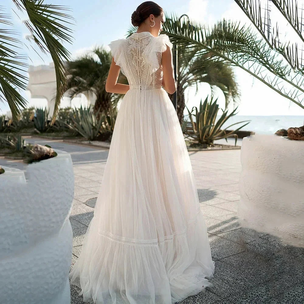 High Neck Sleeveless Wedding Dresses Lace Appliques A Line فساتين السهرة Sweep Train Bohemian New Vestidos De Novia (ZD13553)