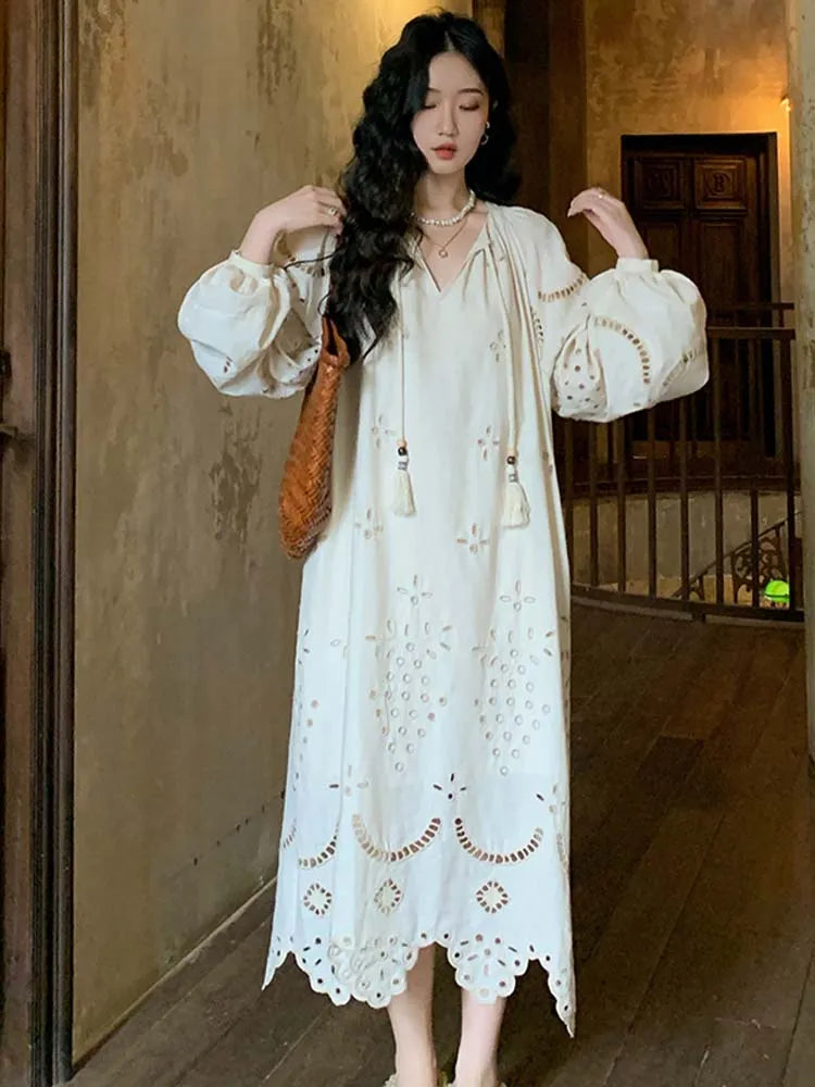 Korean Style Retro Long Sleeve VNeck Boho Hollow Out Maxi Dress