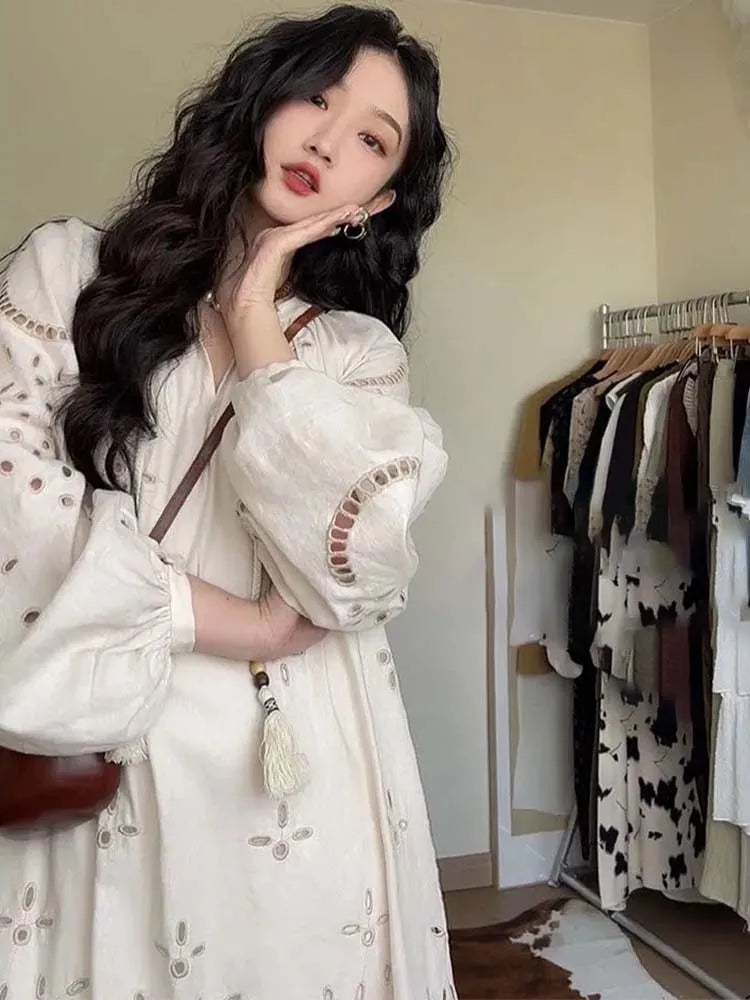Korean Style Retro Long Sleeve VNeck Boho Hollow Out Maxi Dress