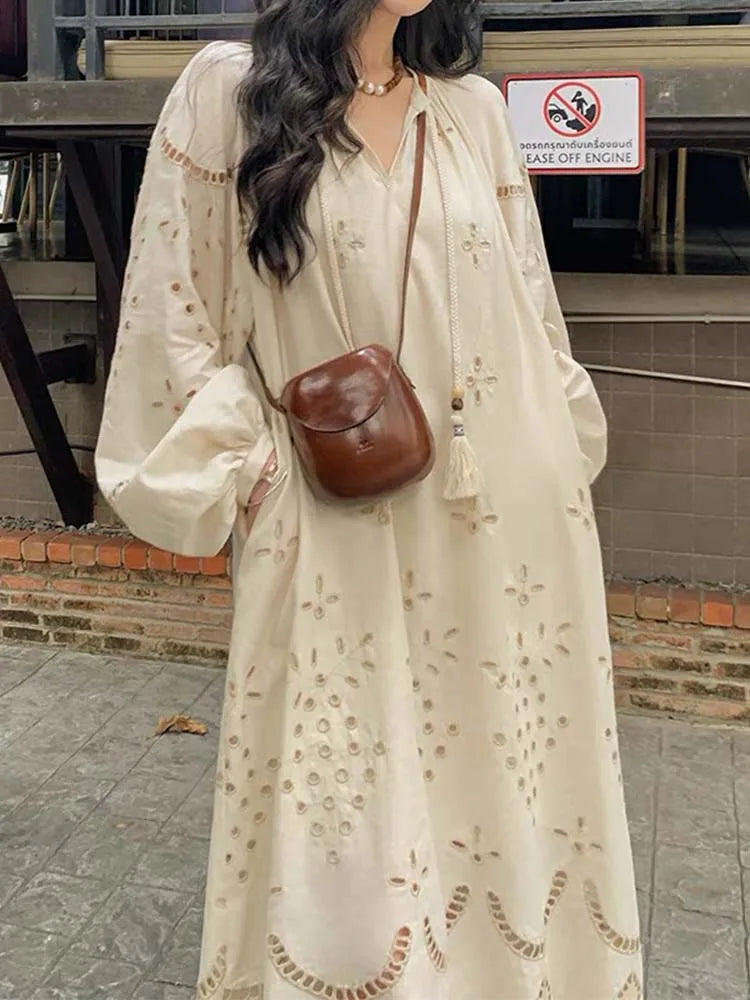 Korean Style Retro Long Sleeve VNeck Boho Hollow Out Maxi Dress
