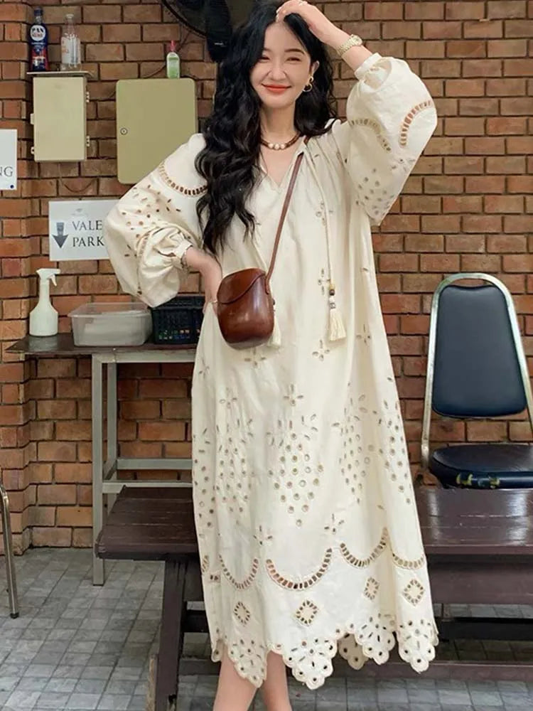 Korean Style Retro Long Sleeve VNeck Boho Hollow Out Maxi Dress