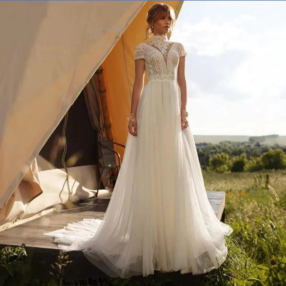 Boho Lace Tulle High Neck Wedding Dresses Women's Cap Sleeves A-Line Bohemian Bridal Gowns Vintage Elegant Robes De Mariée by payinti