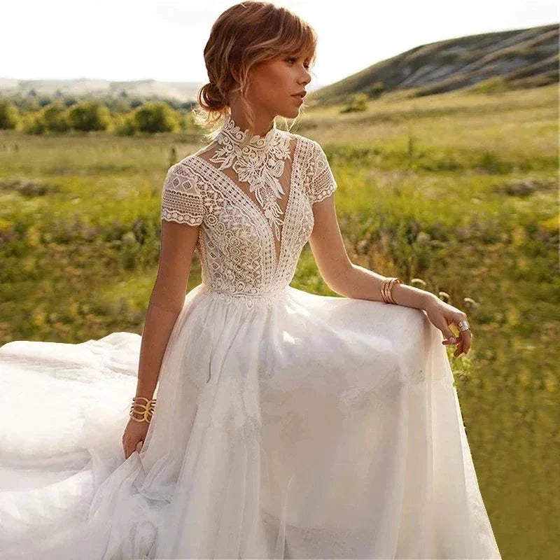 Boho Lace Tulle High Neck Wedding Dresses Women's Cap Sleeves A-Line Bohemian Bridal Gowns Vintage Elegant Robes De Mariée (ZD14183)