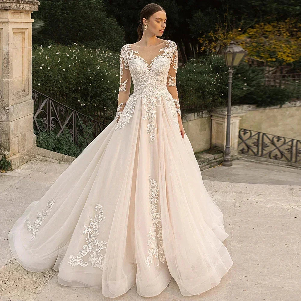 Boho Lace Tulle Wedding Dress Princess Champagne A-Line V-Neck Long Sleeves Appliques Illusion Backless With Button Bridal Gown by payinti