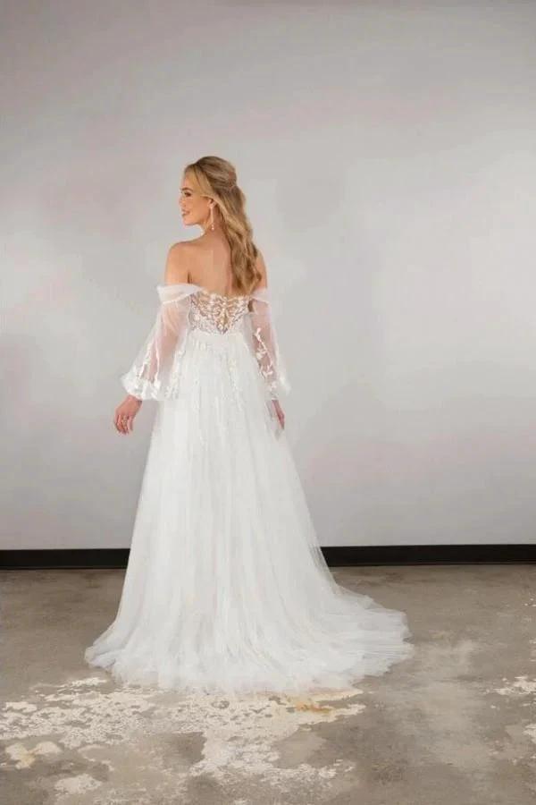 Boho Long White A-line Off-the-shoulder Lace Wedding Dresses with Long Sleeves (ZD15643) - View 2 | VelvetHem
