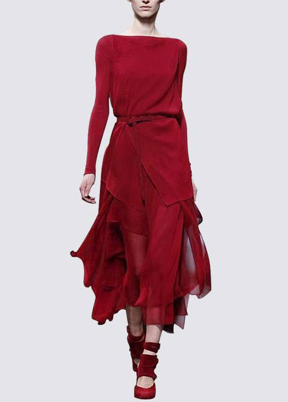 Boho Mulberry Slash Neck Asymmetrical Sashes Chiffon Long Dress Fall