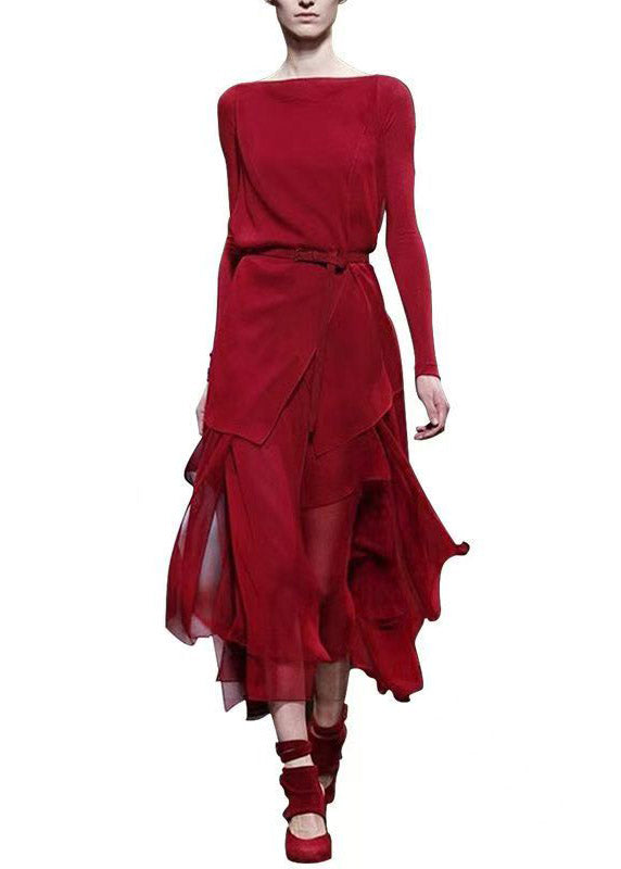 Boho Mulberry Slash Neck Asymmetrical Sashes Chiffon Long Dress Fall