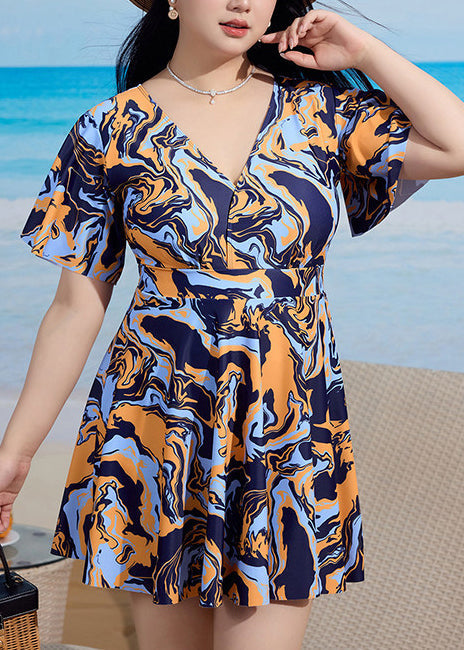 Boho Navy V Neck Print Swimwear Dress And Panties Sets