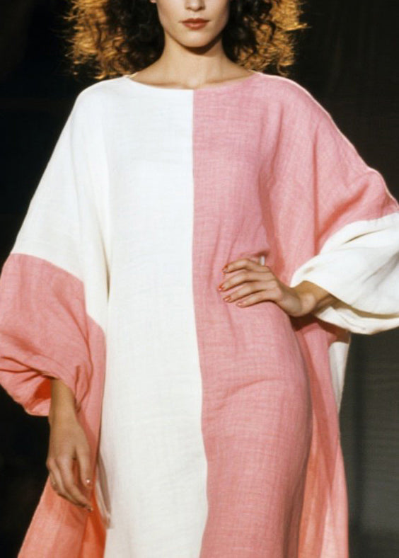Boho Pink Asymmetrical Patchwork Cotton Dresses Lantern Sleeve