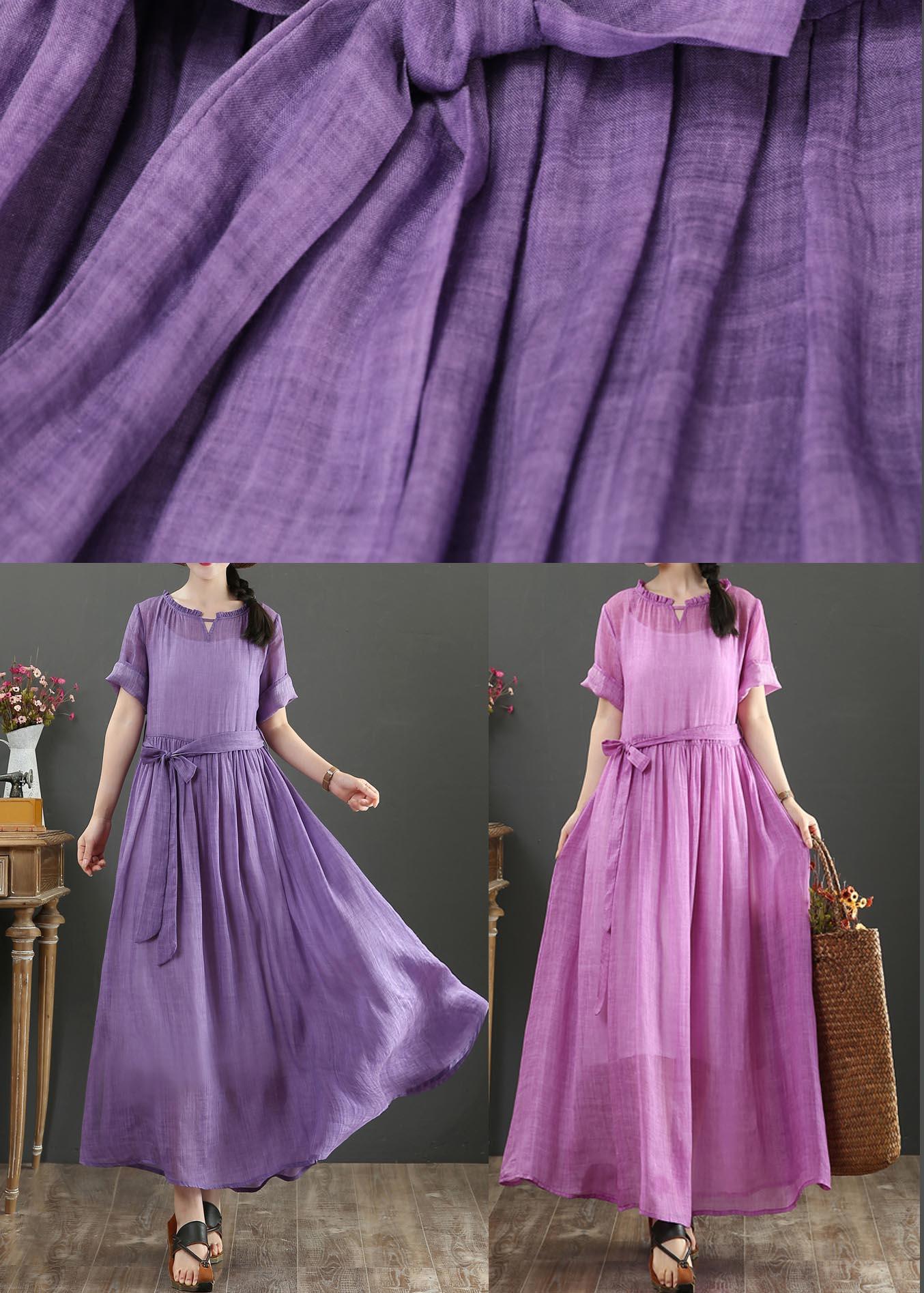 Boho Purple Ruffled Maxi Summer Linen Dress