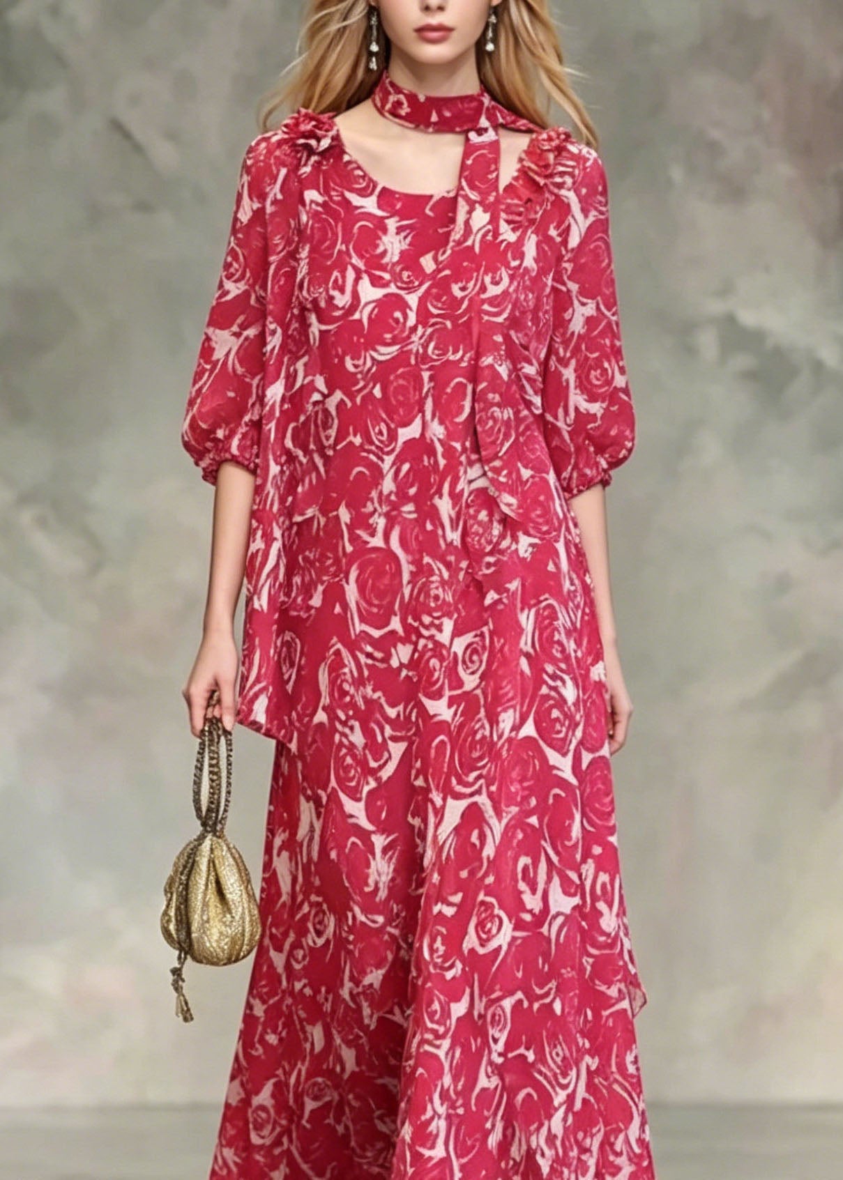 Boho Red Asymmetrical Design Floral Chiffon Dresses Summer
