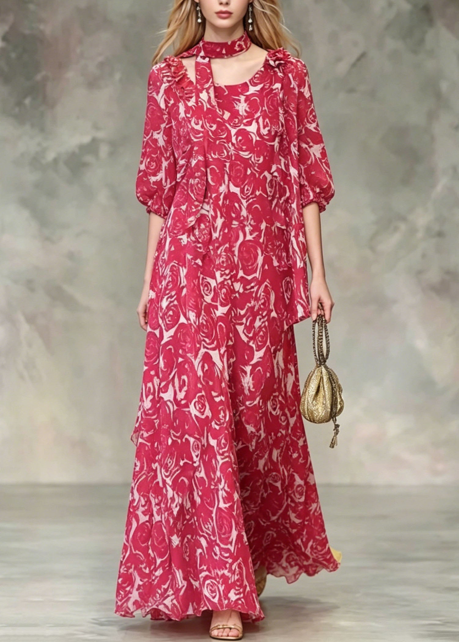 Boho Red Asymmetrical Design Floral Chiffon Dresses Summer