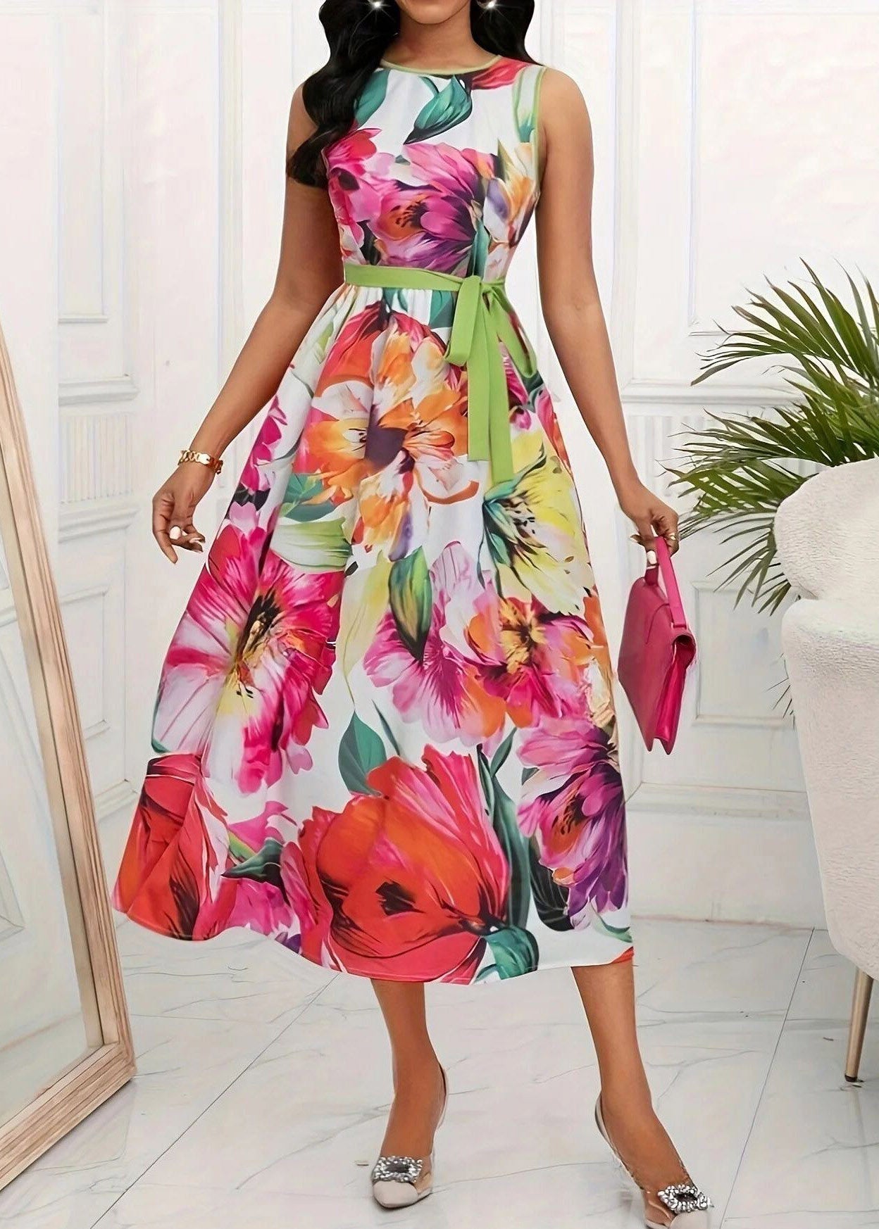 Boho Red O-Neck Print Tie Waist Maxi Dress Sleeveless