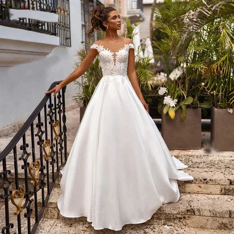 Boho Wedding Dress Cap Sleeves Illusion Neck Appliqued Satin Bridal Dress Beach Princess Plus Size Wedding Gowns Custom Mad by payinti