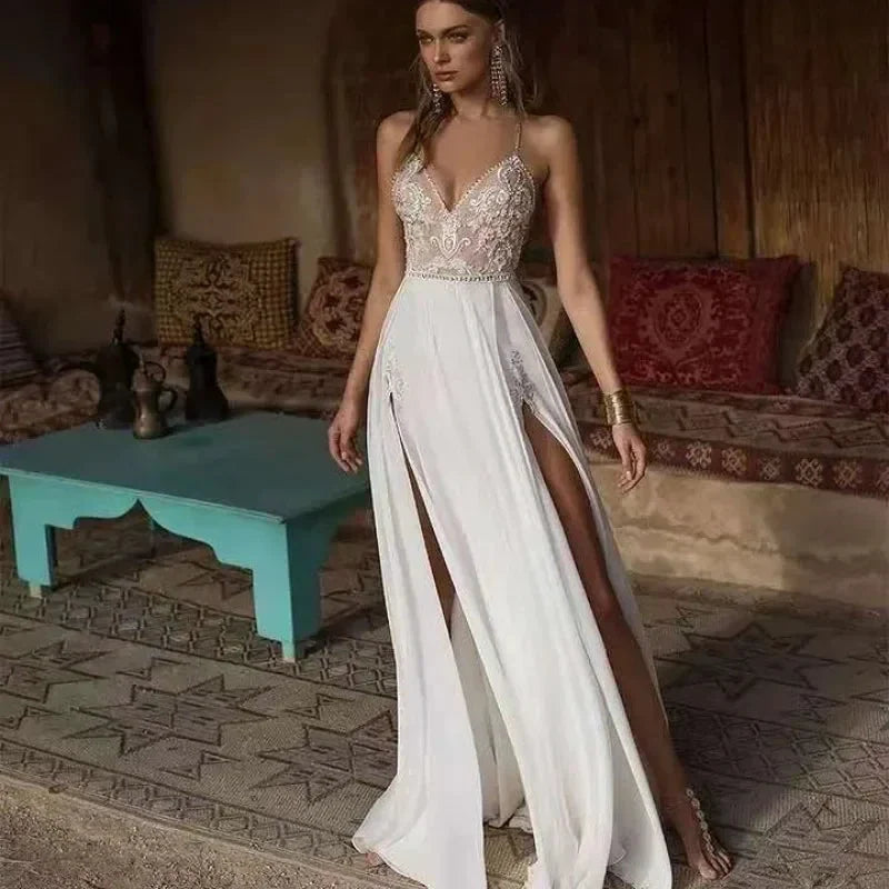 Boho Wedding Dress Sexy Slit Beach Wedding Dress V Neck Bridal Gown Spaghetti Strap Chiffon Backless Vestido De Noiva Brautkleid (ZD14017)