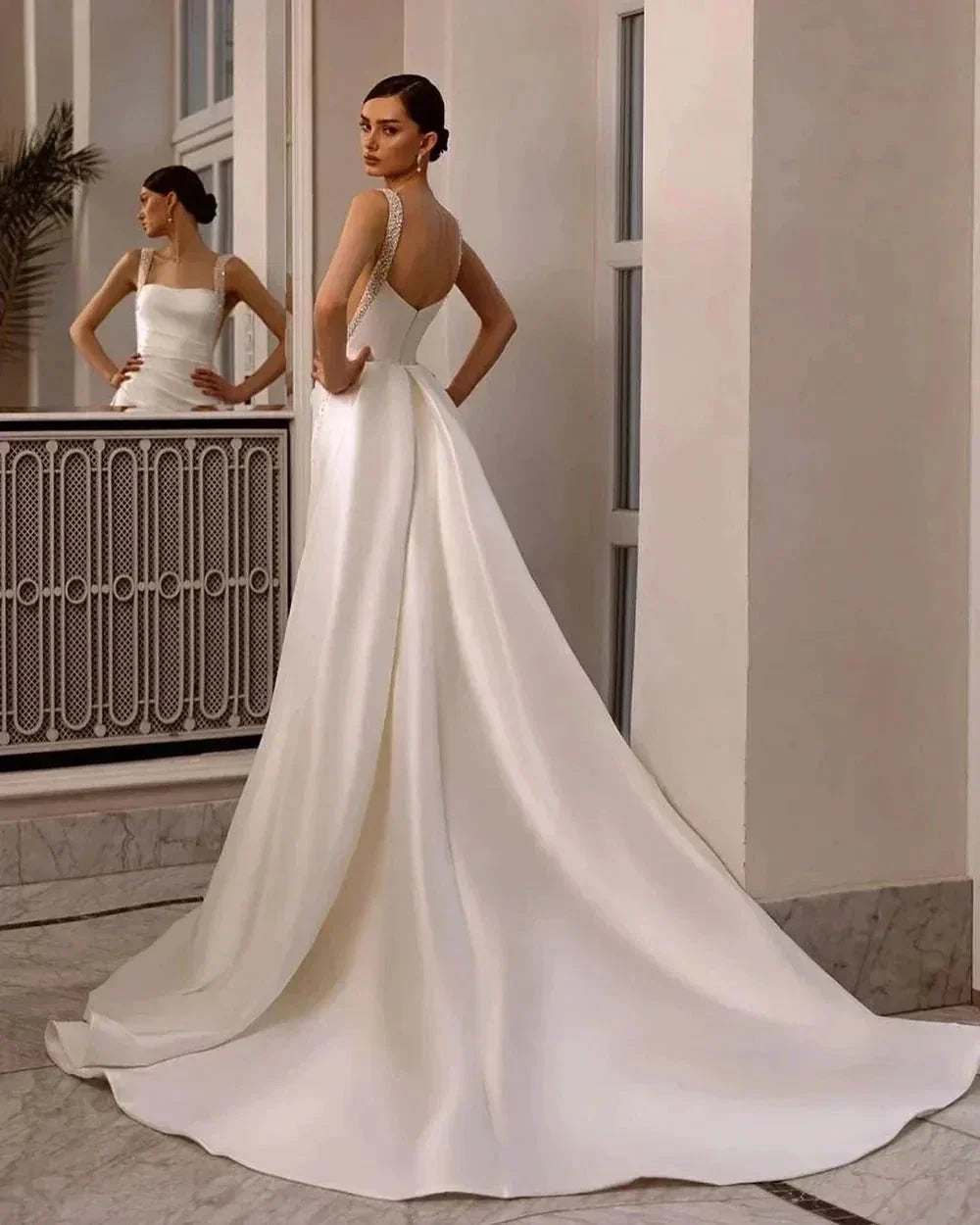Boho Wedding Dresses Off The Shoulder With Sequined Square Neck Ball Gowns Smooth Satin Formal Bridal Party Vestido De Novia (ZD13528) - View 2 | VelvetHem