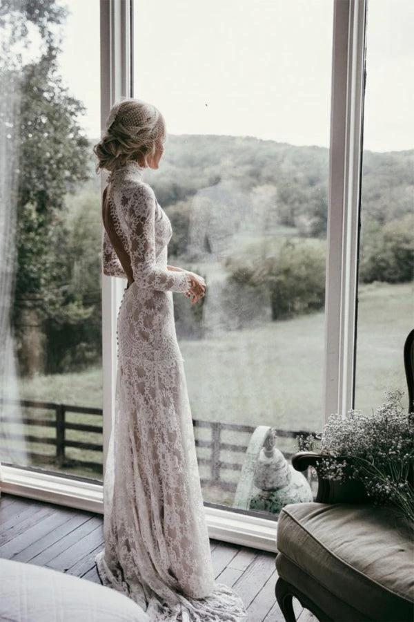 Boho High Neckline Long Sleeves Lace Wedding Dresses Rustic Wedding (ZD16210)