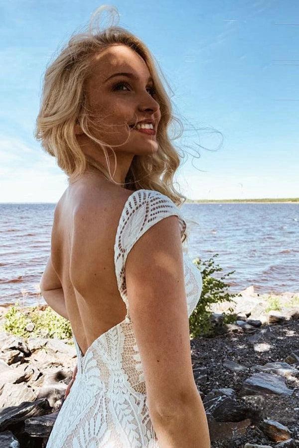 Boho Lace Sheath Sweep Train Sheath Beach Wedding Dresses (ZD16212)