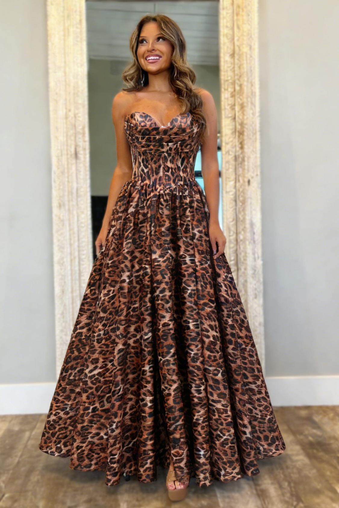Trendy A Line Bold Leopard Print Sweetheart Brown Prom Dress with Corset Bodice