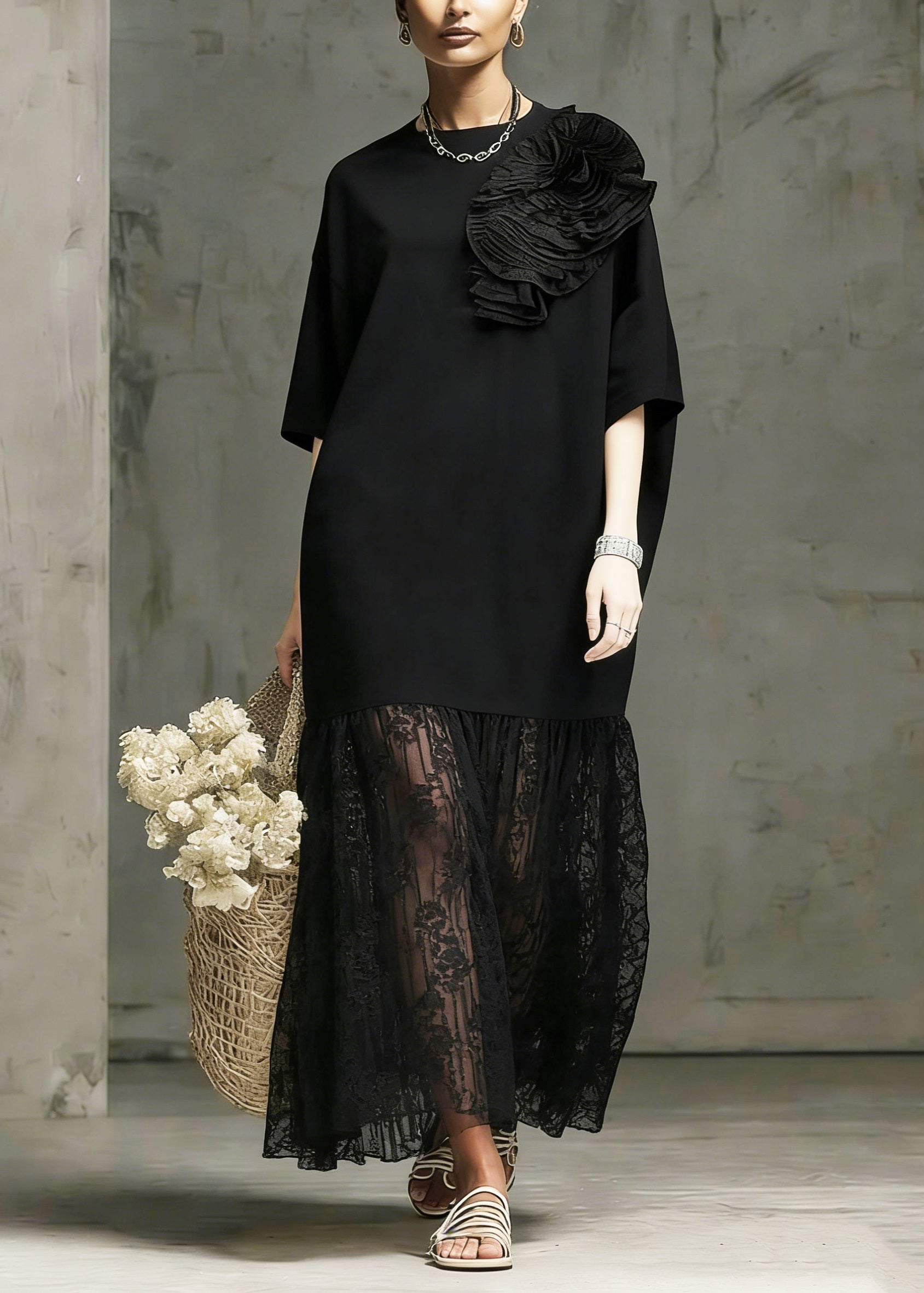 Boutique Black O Neck Floral Lace Patchwork Cotton Dress Summer